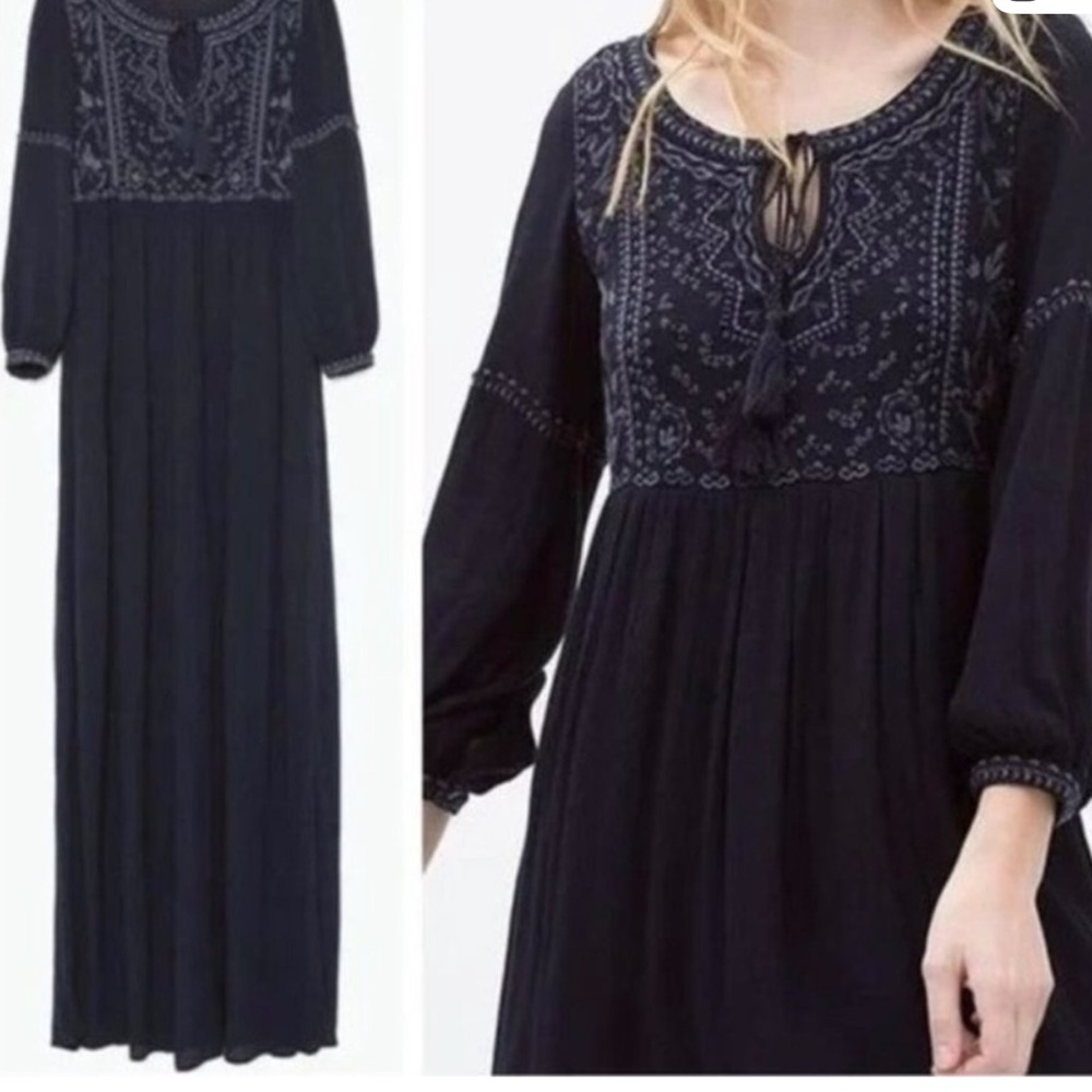 Zara Navy Embroidered Maxi Dress